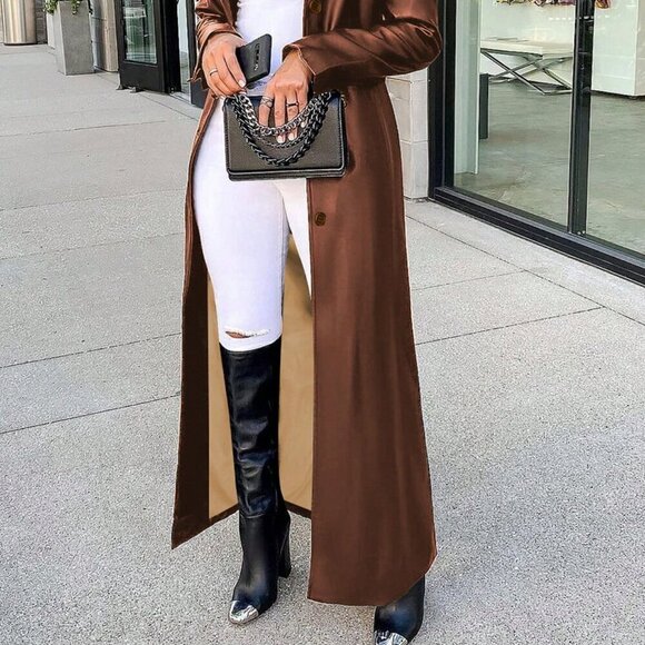 Khaki Elegant Women's Faux Leather Button Warm Long Sleeve Coat - Picture 2 of 7